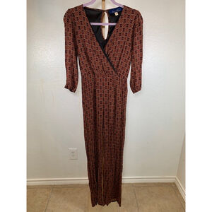PRICE DROP! Women's Blue Rain Jumpsuit Size S Brown Patterned Pleated